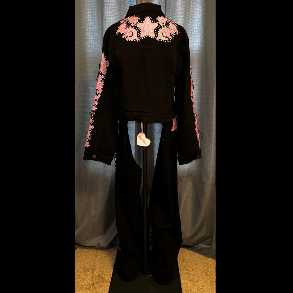 Sugar Thrillz Dolls Kill LONGING HEART Black Pink Denim Jacket Chaps SET L NWT - Picture 2 of 11